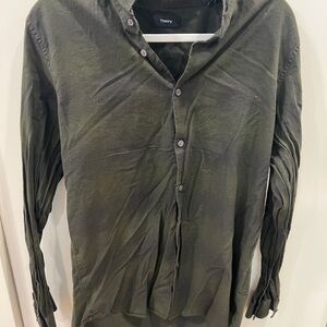 Theory Dark Olive Button-Up Shirt with Subtle Purple Buttons